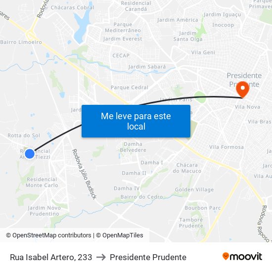 Rua Isabel Artero, 233 to Presidente Prudente map