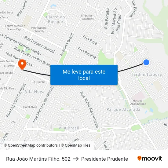 Rua João Martins Filho, 502 to Presidente Prudente map