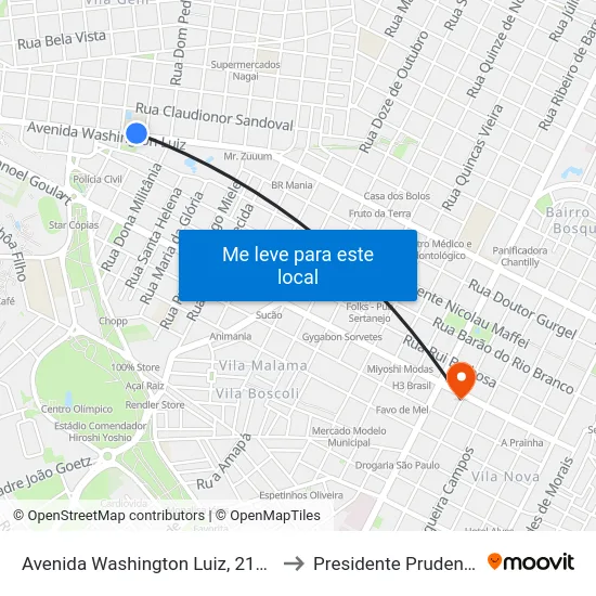 Avenida Washington Luiz, 2173 to Presidente Prudente map
