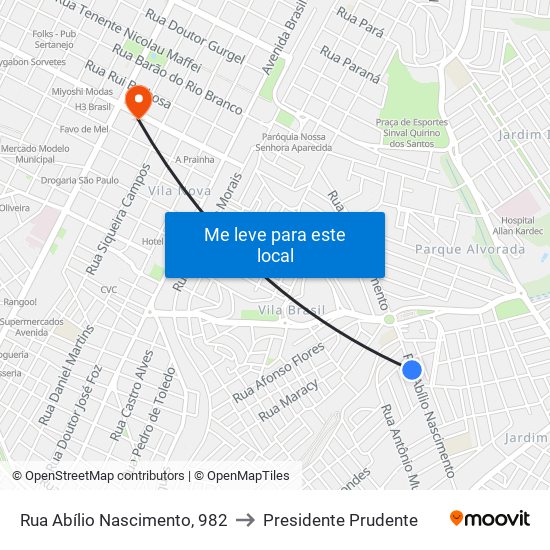 Rua Abílio Nascimento, 982 to Presidente Prudente map