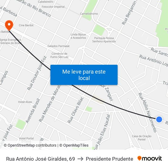 Rua Antônio José Giraldes, 69 to Presidente Prudente map