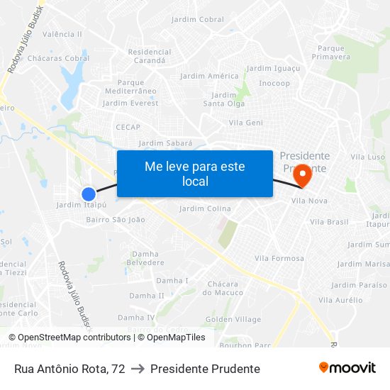 Rua Antônio Rota, 72 to Presidente Prudente map