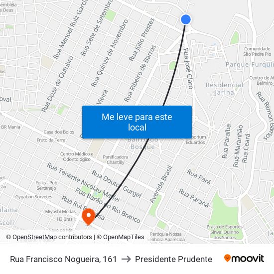 Rua Francisco Nogueira, 161 to Presidente Prudente map