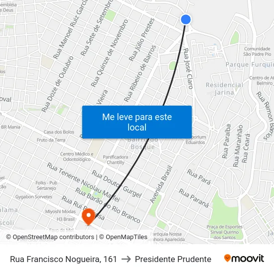 Rua Francisco Nogueira, 161 to Presidente Prudente map