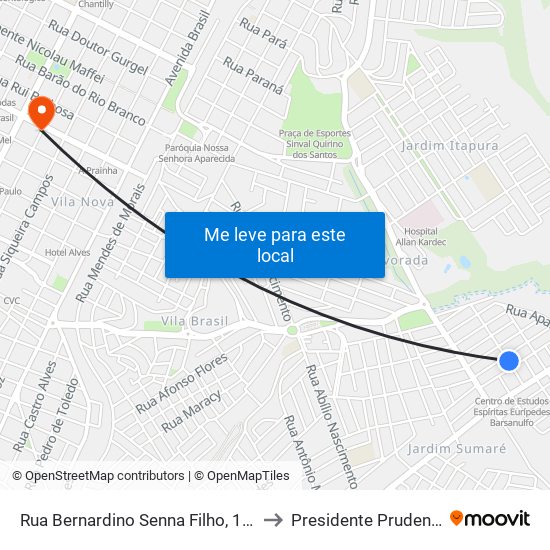 Rua Bernardino Senna Filho, 101 to Presidente Prudente map