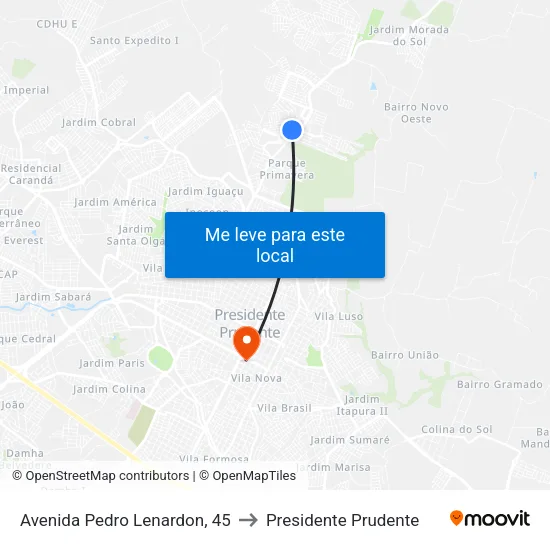 Avenida Pedro Lenardon, 45 to Presidente Prudente map