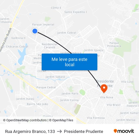 Rua Argemiro Branco, 133 to Presidente Prudente map