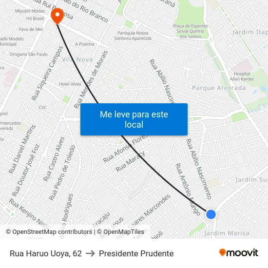 Rua Haruo Uoya, 62 to Presidente Prudente map