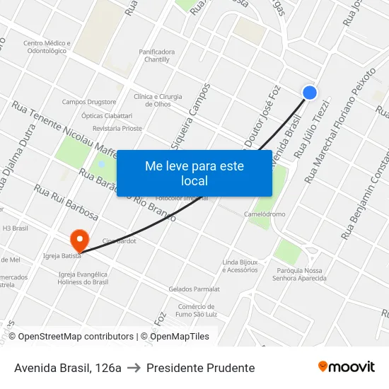 Avenida Brasil, 126a to Presidente Prudente map