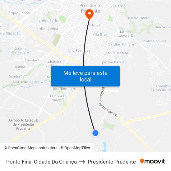 Ponto Final Cidade Da Criança to Presidente Prudente map