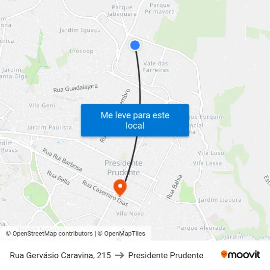 Rua Gervásio Caravina, 215 to Presidente Prudente map