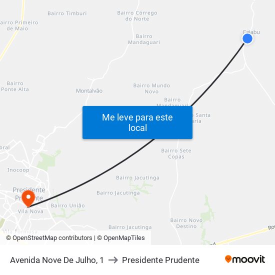 Avenida Nove De Julho, 1 to Presidente Prudente map