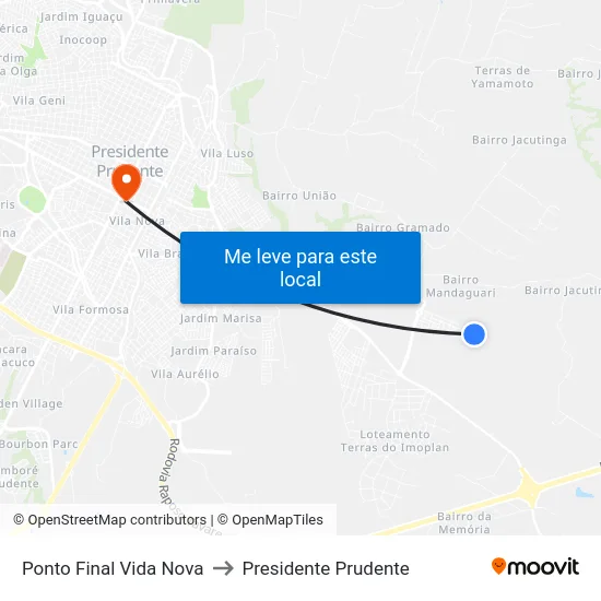 Ponto Final Vida Nova to Presidente Prudente map