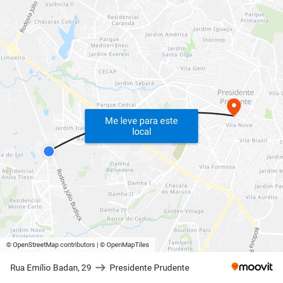 Rua Emílio Badan, 29 to Presidente Prudente map