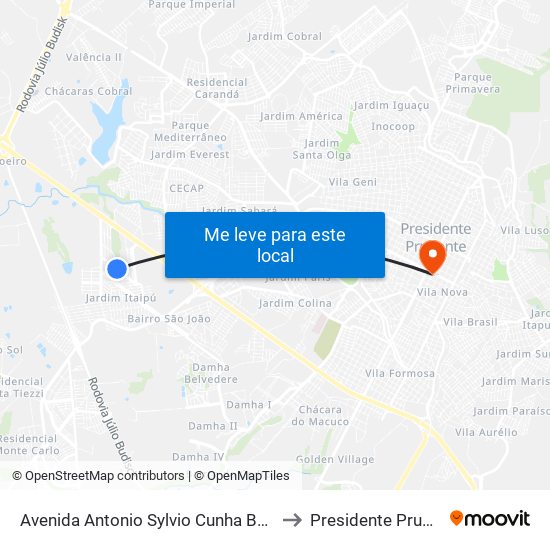 Avenida Antonio Sylvio Cunha Bueno, 54 to Presidente Prudente map