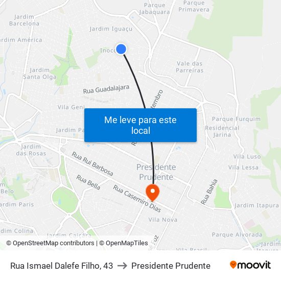 Rua Ismael Dalefe Filho, 43 to Presidente Prudente map