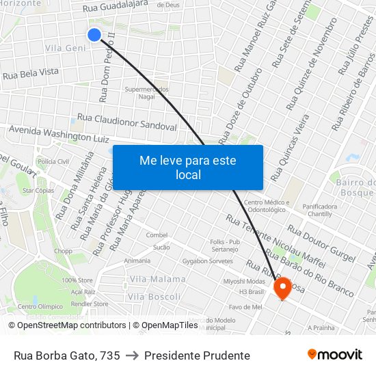 Rua Borba Gato, 735 to Presidente Prudente map