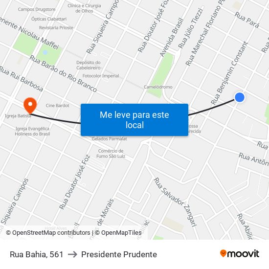 Rua Bahia, 561 to Presidente Prudente map