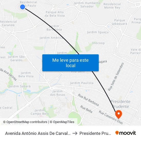 Avenida Antônio Assis De Carvalho, 853 to Presidente Prudente map