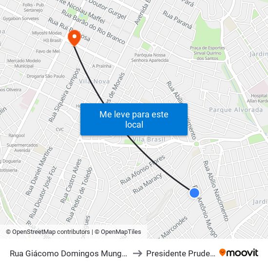 Rua Giácomo Domingos Mungo, 30 to Presidente Prudente map