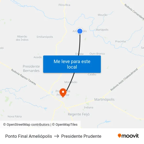 Ponto Final Ameliópolis to Presidente Prudente map