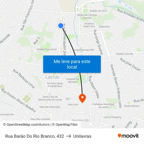 Rua Barão Do Rio Branco, 432 to Unilavras map