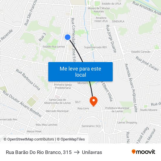 Rua Barão Do Rio Branco, 315 to Unilavras map