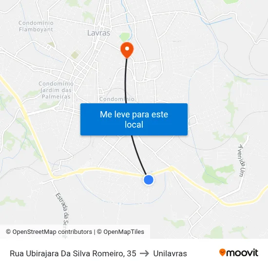Rua Ubirajara Da Silva Romeiro, 35 to Unilavras map