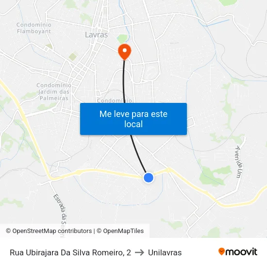 Rua Ubirajara Da Silva Romeiro, 2 to Unilavras map