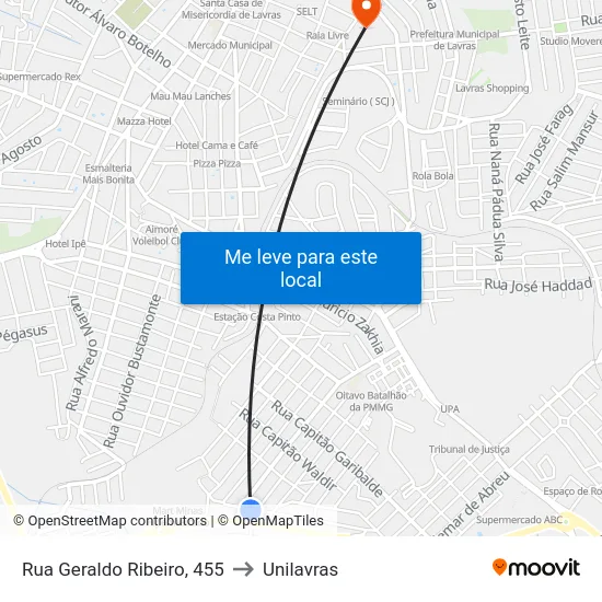 Rua Geraldo Ribeiro, 455 to Unilavras map