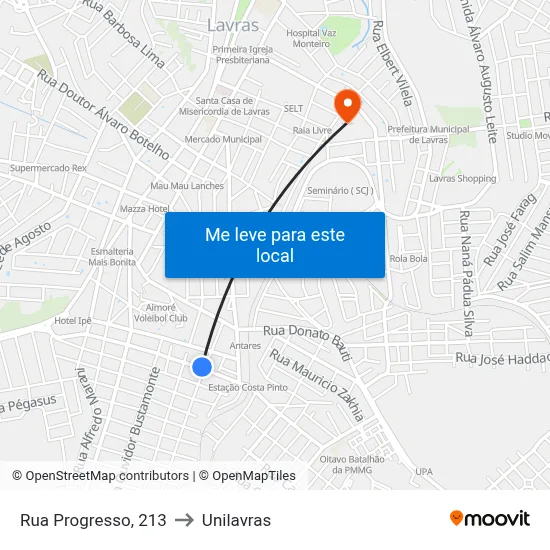 Rua Progresso, 213 to Unilavras map