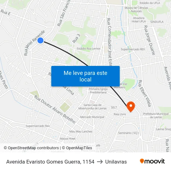 Avenida Evaristo Gomes Guerra, 1154 to Unilavras map