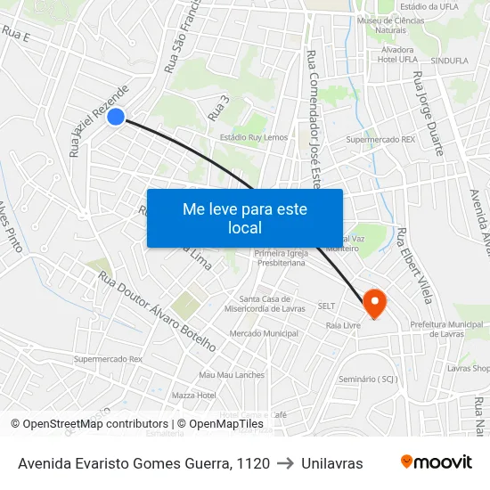 Avenida Evaristo Gomes Guerra, 1120 to Unilavras map