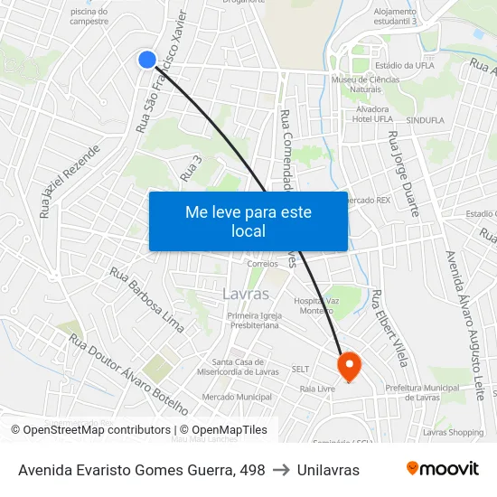 Avenida Evaristo Gomes Guerra, 498 to Unilavras map