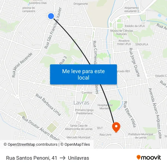 Rua Santos Penoni, 41 to Unilavras map