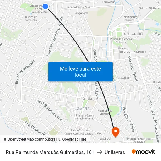 Rua Raimunda Marquês Guimarães, 161 to Unilavras map