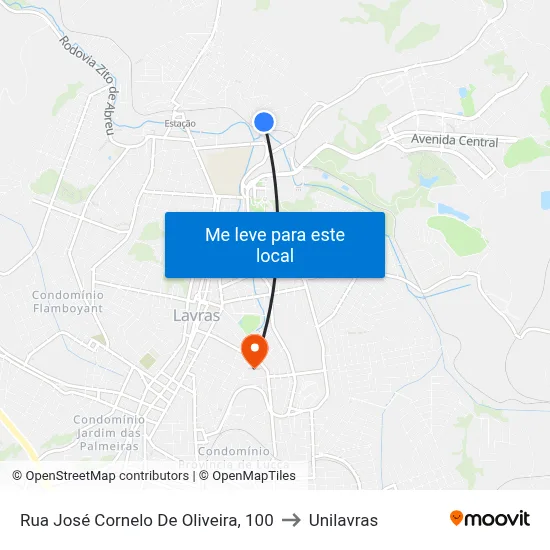 Rua José Cornelo De Oliveira, 100 to Unilavras map