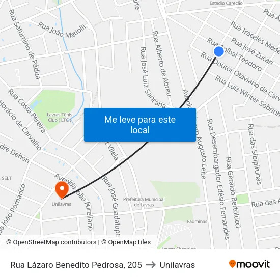 Rua Lázaro Benedito Pedrosa, 205 to Unilavras map