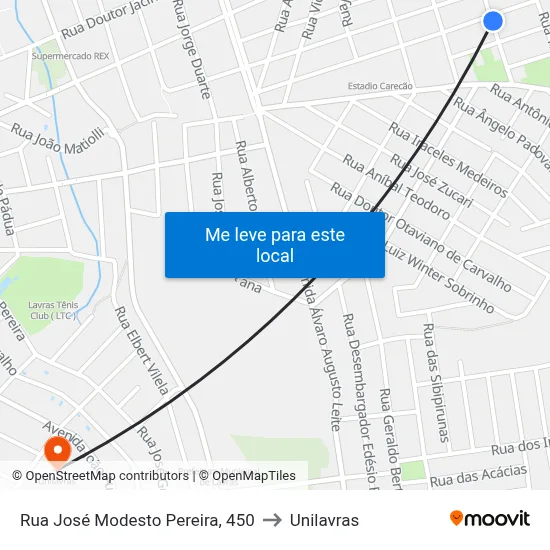 Rua José Modesto Pereira, 450 to Unilavras map