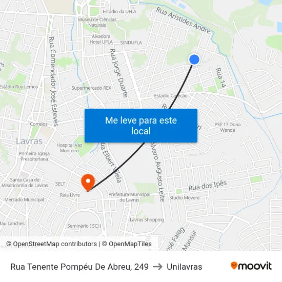 Rua Tenente Pompéu De Abreu, 249 to Unilavras map