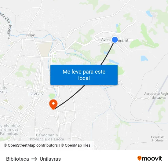 Biblioteca to Unilavras map