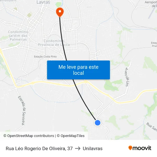 Rua Léo Rogerio De Oliveira, 37 to Unilavras map