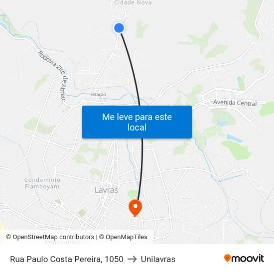 Rua Paulo Costa Pereira, 1050 to Unilavras map