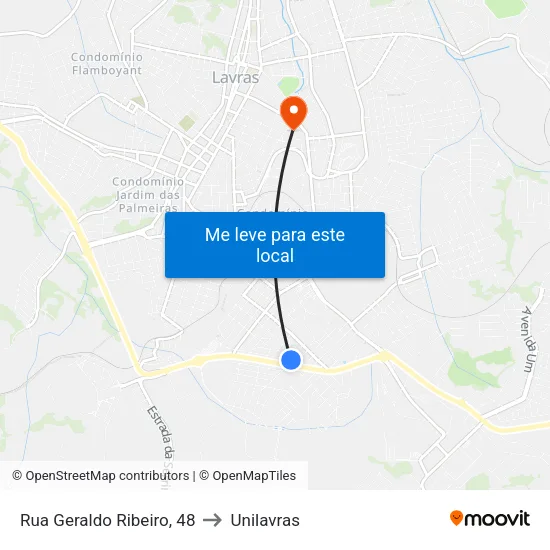 Rua Geraldo Ribeiro, 48 to Unilavras map
