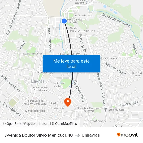 Avenida Doutor Silvio Menicuci, 40 to Unilavras map