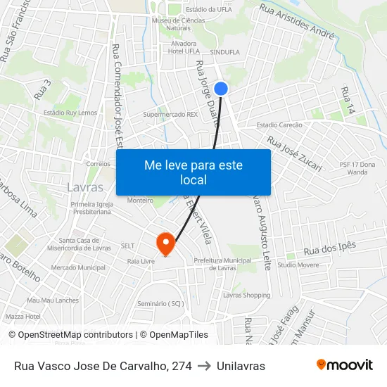 Rua Vasco Jose De Carvalho, 274 to Unilavras map