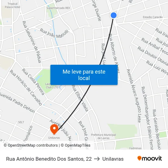 Rua Antônio Benedito Dos Santos, 22 to Unilavras map