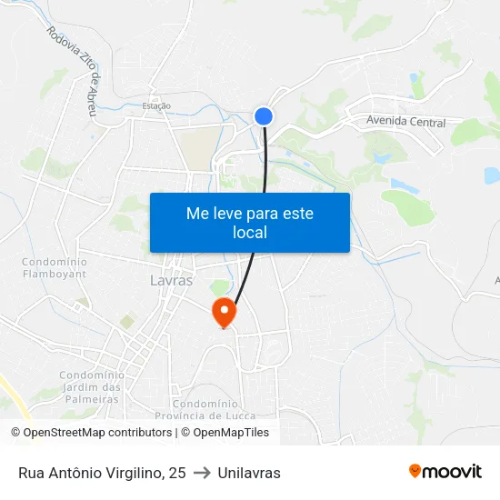 Rua Antônio Virgilino, 25 to Unilavras map