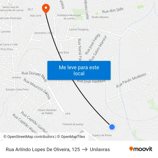 Rua Arlíndo Lopes De Oliveira, 125 to Unilavras map