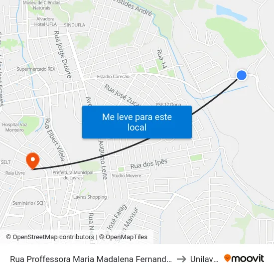 Rua Proffessora Maria Madalena Fernandes, 1151 to Unilavras map